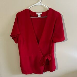 Urban Romantics Red wrap blouse with tie enclosures, size L,. NWOT